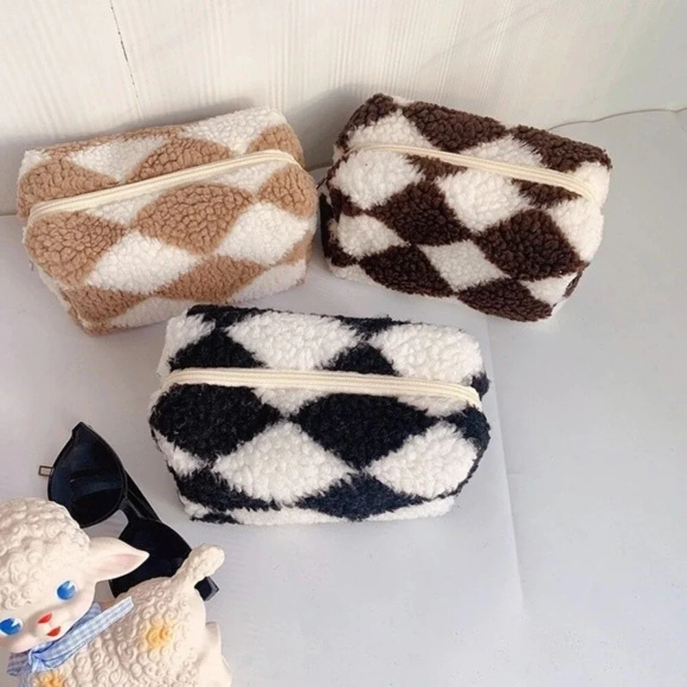 Black Checkered Plush Cosmetic Makeup Bag